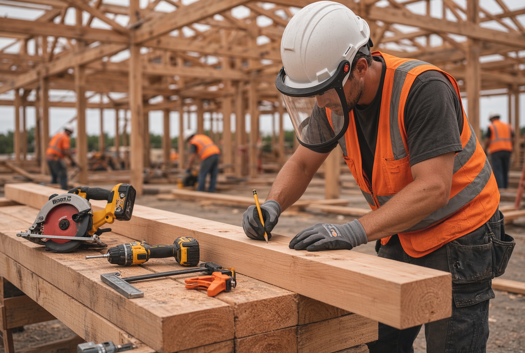 Carpenter measuring and installing structural framing
